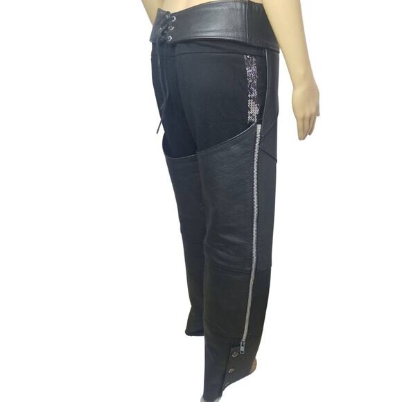 Mens Black Leather Chaps Tie Back Snap Ankle HARLEY DAVIDSON Made USA Size Small - Picture 6 of 7